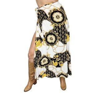 Classic black white gold flowy chain floral print swim beach wrap maxi skirt OS